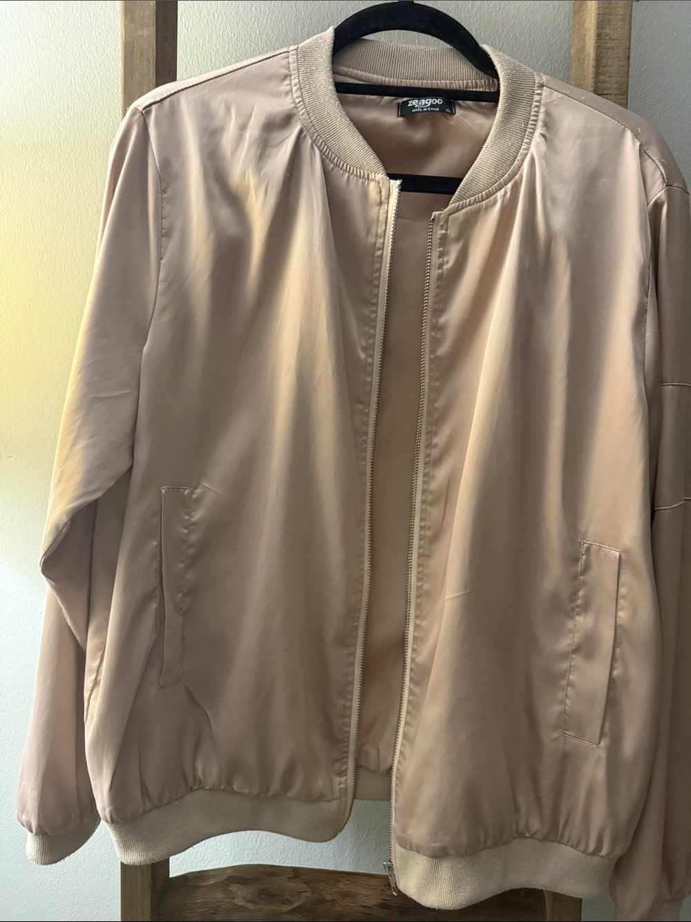 zeagoo Blush Pink Satin Bomber Jacket